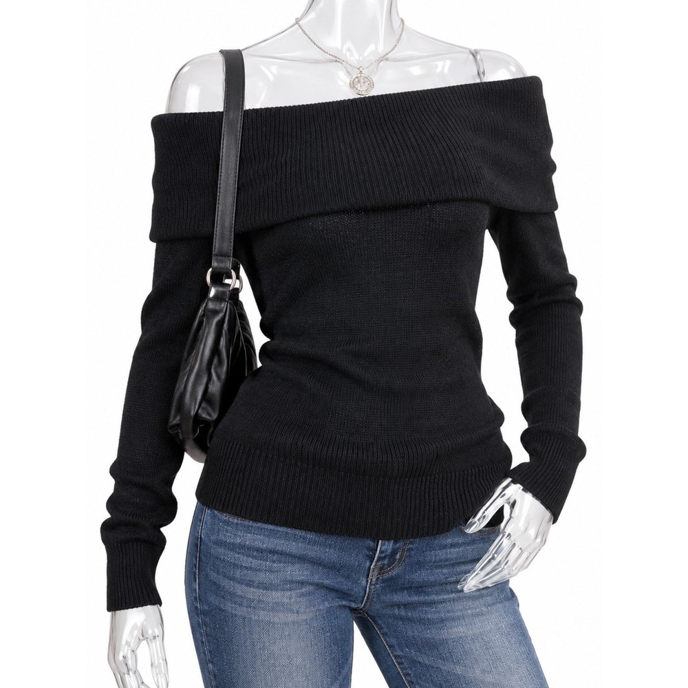 A|X Armani Exchange Black Off Shoulder Knit Pullover Sweater SKUCH112